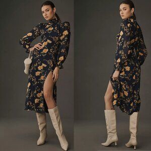 Reformation Navy and Yellow Floral Midi Dress